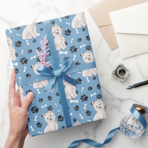 White Westie Dog Pattern on Blue Wrapping Paper