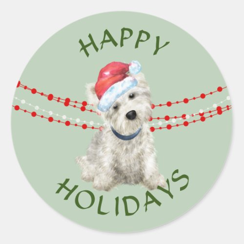 White Westie Santa Hat Happy Holidays Classic Round Sticker