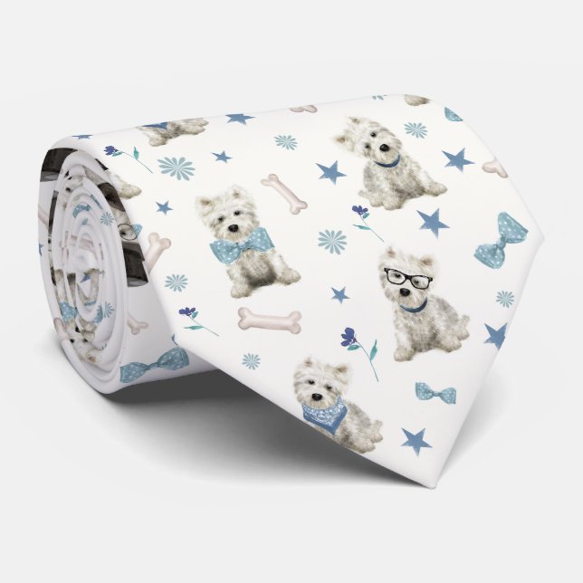 White Westie with Accessories Whimsical Neck Tie (Rolled)