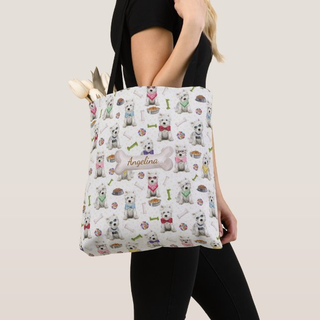 White Westies with Accessories Personalized Tote Bag (Close Up)