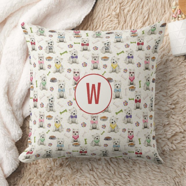 White Westies with Accessories Whimsical Monogram Throw Pillow (Blanket)