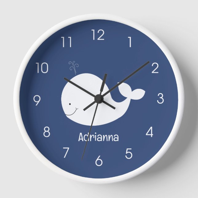 White Whale Nautical Navy Blue Ocean Nursery Clock (Front)