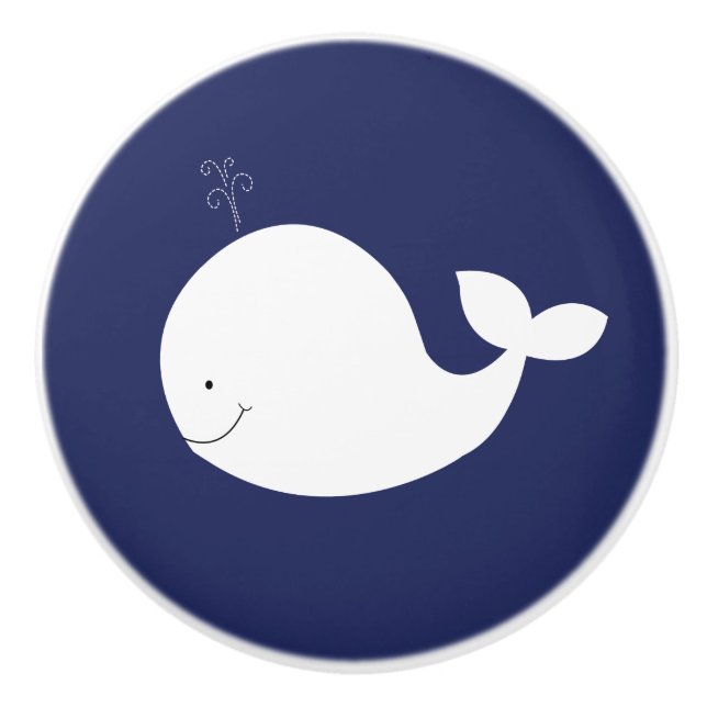 White Whale Navy Blue Nautical Ocean Theme Ceramic Knob (Front)