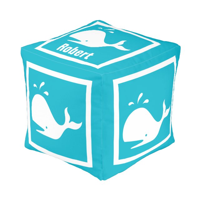 White WHALE on light blue: personalize with name Pouf (Angled Front)