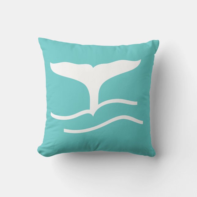 white whale tail on teal blue pillow (Front)