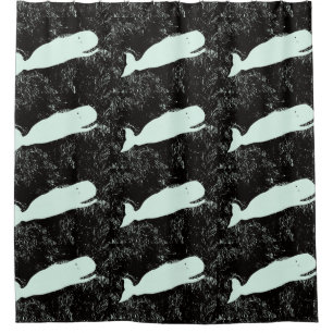 white whales on black pattern shower curtain
