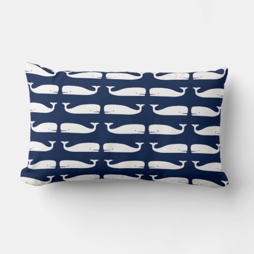 White Whales on Navy Blue Nautical Lumbar Pillow