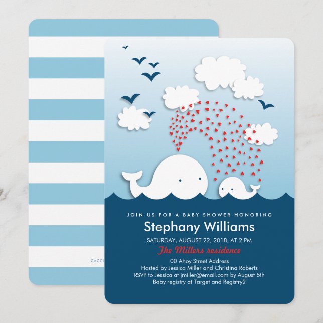 White Whales Stylish Baby Shower Invite Rounded (Front/Back)
