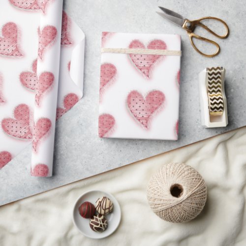 White Whimsical Pink Dotted Heart Wrapping Paper