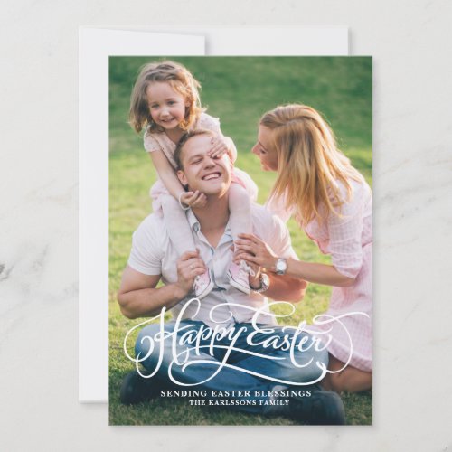 White Whimsical Script Happy Easter Photo Card