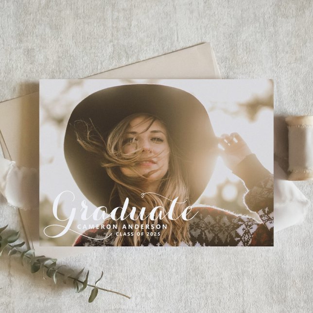 White Whimsical Script Overlay Photo Graduation Invitation (Customizable photo graduation invitation featuring modern calligraphy photo overlay. )