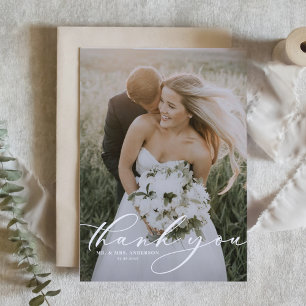 White Whimsical Script Overlay Photo Wedding Thank You Card