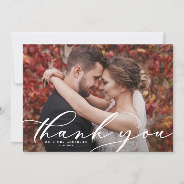 White Whimsical Script Overlay Wedding Photo Thank You Card (Front)