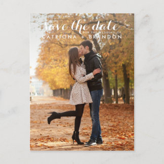 WHITE WHIMSICAL SCRIPT SAVE THE DATE POSTCARD