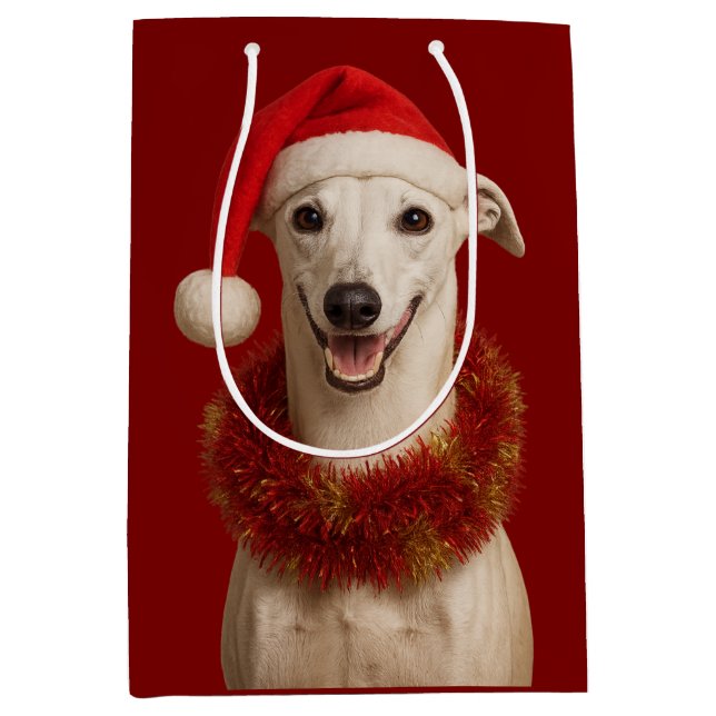 White whippet in Santa hat Christmas  Medium Gift Bag (Front)