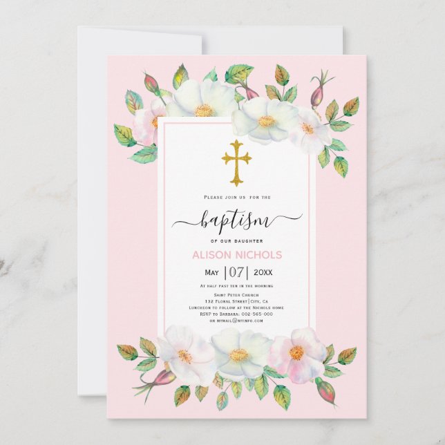 White wild dog rose blush pink floral Baptism  Invitation (Front)