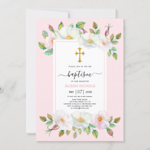 White wild dog rose blush pink floral Baptism  Invitation