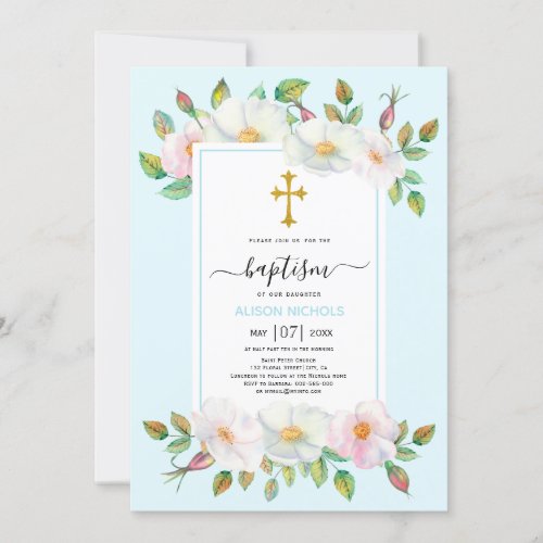 White wild dog rose pale blue floral Baptism Invitation