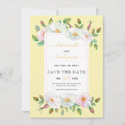 White wild dog rose pale yellow floral wedding save the date
