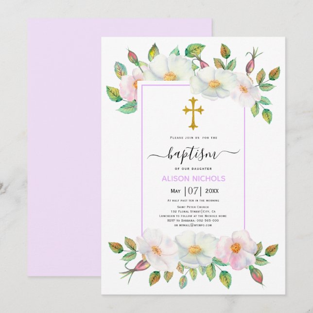 White wild dog roses lavender floral Baptism  Invitation (Front/Back)