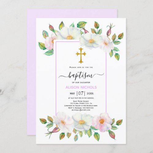 White wild dog roses lavender floral Baptism  Invitation