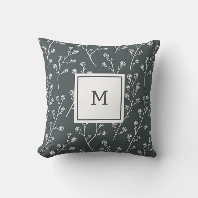 White Wild flower pattern monogram Throw Pillow (Front)