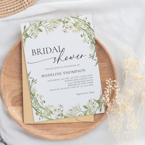 White Wild Flower Wreath Script Bridal Shower Invitation
