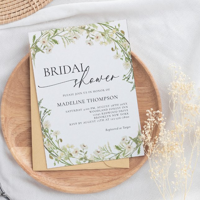 White Wild Flower Wreath Script Bridal Shower Invitation (Creator Uploaded)