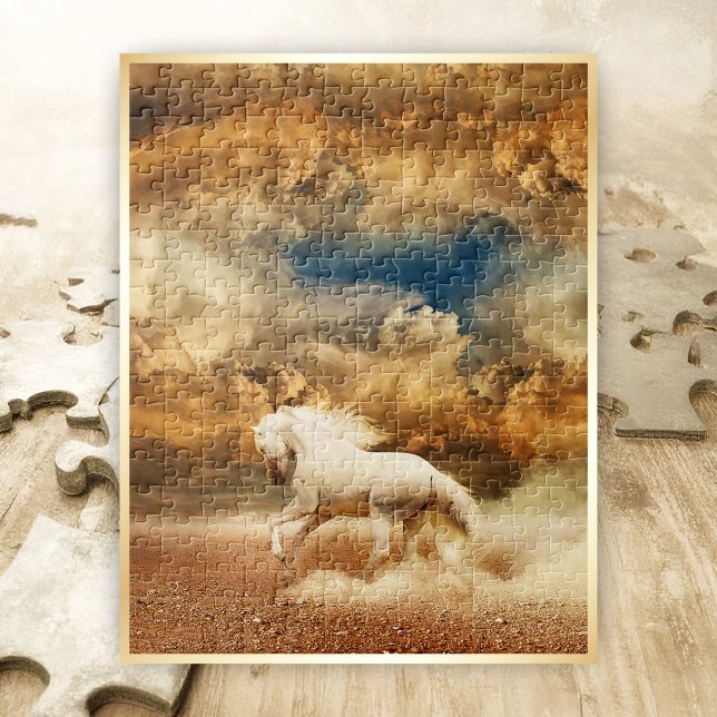 White Wild Horse Galloping in Desert, Stormy Sky - Jigsaw Puzzle (Creator Uploaded)