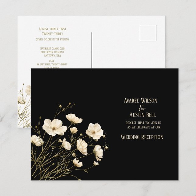 White Wild Poppies On Black Wedding Postcard (Front/Back)