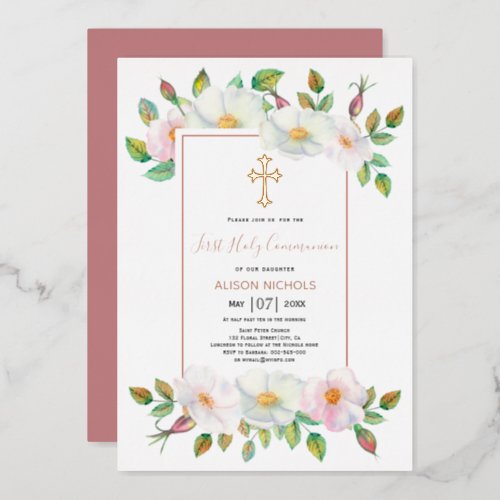 White wild rose floral girl First Holy rose gold Foil Invitation