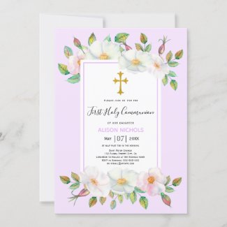 White wild rose floral lavender First Communion  Invitation