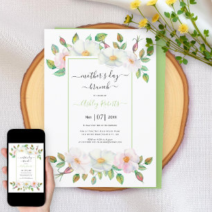 White wild rose green floral mothers day brunch invitation