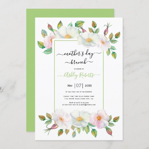 White wild rose green floral mothers day brunch invitation