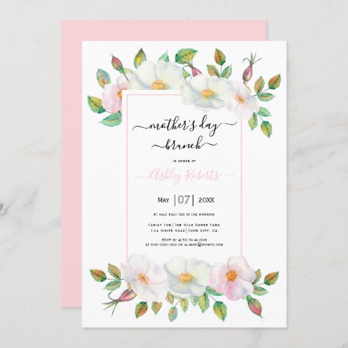 White wild rose pink floral mothers day brunch  invitation