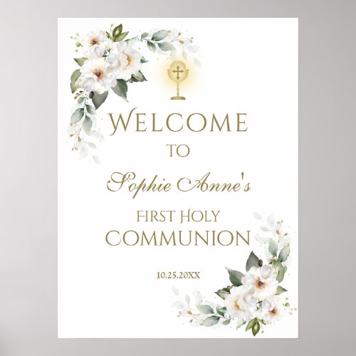 White Wild Roses 1st Holy Communion Welcome Sign