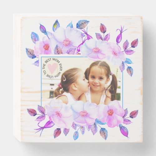 White wild roses blue border Mothers Day photo Wooden Box Sign