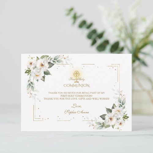 White Wild Roses Gold First Holy Communion  Thank You Card