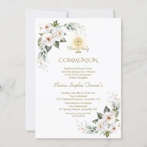 White Wild Roses Gold Glitter First Communion Invitation