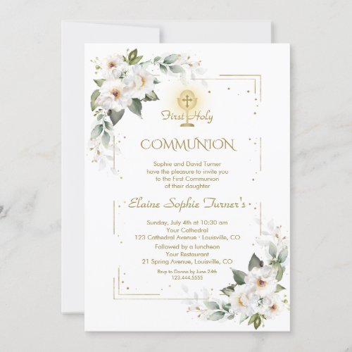 White Wild Roses Gold Glitter First Holy Communion Invitation
