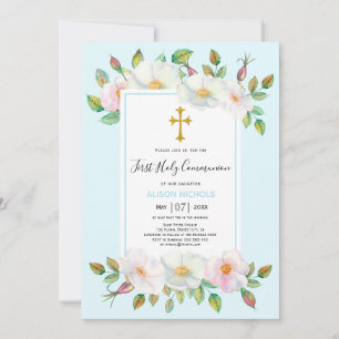 White wild roses pale blue floral First Communion Invitation