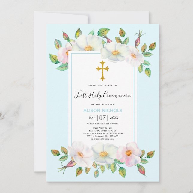 White wild roses pale blue floral First Communion  Invitation (Front)