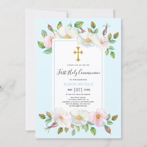 White wild roses pale blue floral First Communion  Invitation
