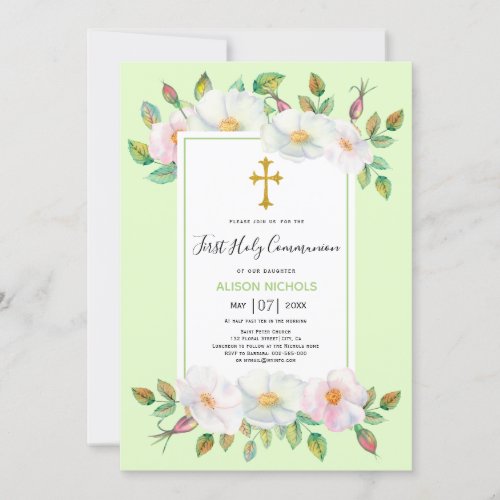 White wild roses pale green floral First Communion Invitation