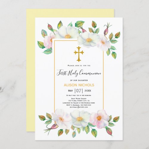 White wild roses yellow floral First Communion  Invitation