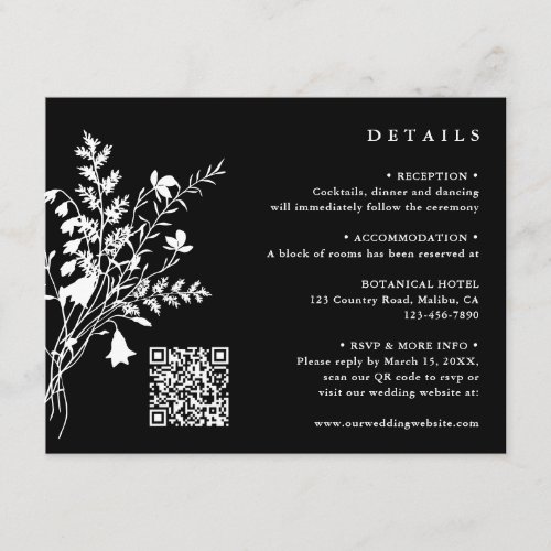 White Wildflower Bouquet Black Wedding Details Enclosure Card