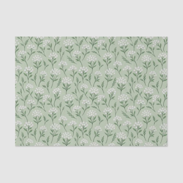 White Wildflower Clusters Sage Green Botanical Tissue Paper (Front)