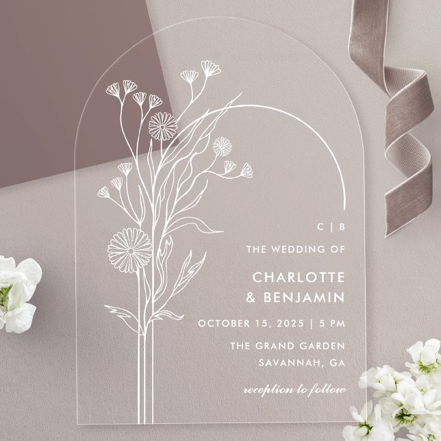 White Wildflower Modern Minimalist Arch Wedding Acrylic Invitations (Creator Uploaded)