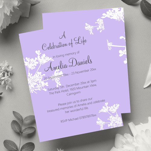 White wildflower on Lilac Celebration of Life Card