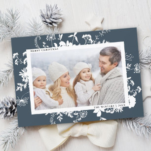 White Wildflower Silhouette Christmas Photo Navy Holiday Card